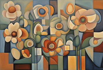 cubist style abstract painting of flowers in geometric shapes and subdued colors - obrazy, fototapety, plakaty