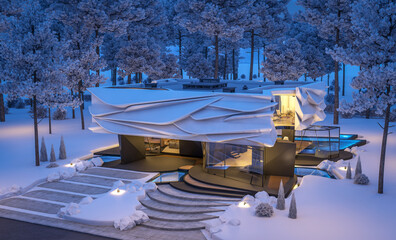 3d rendering of cute cozy modern house with bionic natural curves plastic forms with parking  and...