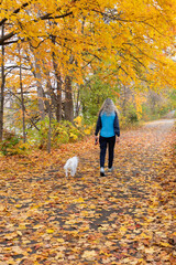 Woman walking with her dog during fall season