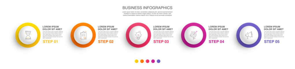 Infographic vector template for business. 3D paper label with five circles and steps. Flat modern timeline for content, diagram, presentation, workflow, chart.