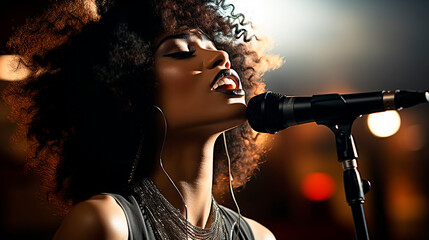 A beautiful young black American woman sings into a microphone. Pop singer, karaoke star. - obrazy, fototapety, plakaty