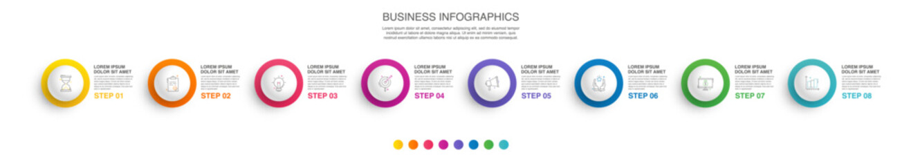 Infographic vector template for business. 3D paper label with 8 circles and steps. Flat modern timeline for content, diagram, presentation, workflow, chart.