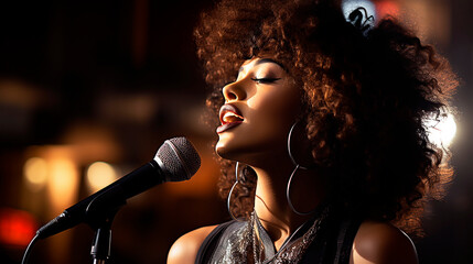 A beautiful young black American woman sings into a microphone. Pop singer, karaoke star. - obrazy, fototapety, plakaty