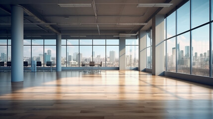 Empty office open space interior. Business conference company background, conference room, nature light, glass windows