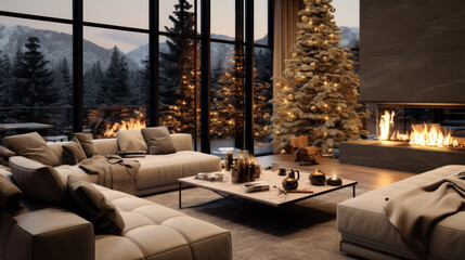 Cozy New Year's living room interior with a Christmas tree decorated with garland on Christmas Eve. Style concept. Christmas.