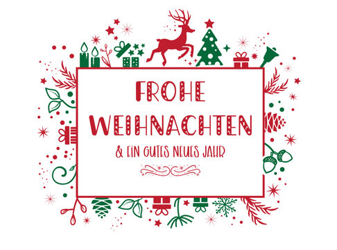 Weihnachtsgrüße mit dekorativem rot-grünem Wintermotiv und deutschem Text
