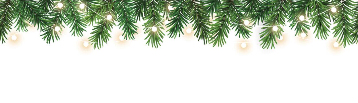 Seamless decorative christmas border with coniferous branches and garlands of christmas lights on transparent background