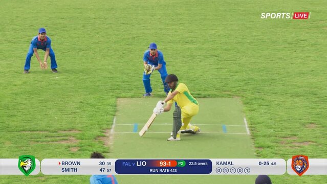 Edited Broadcast Montage of Cricket Championship Match with Score. Teams Attack, Scored Runs, Celebrate Victory. Cricketers Play Outdoors. Sport Channel Network Television Playback, Screen Content