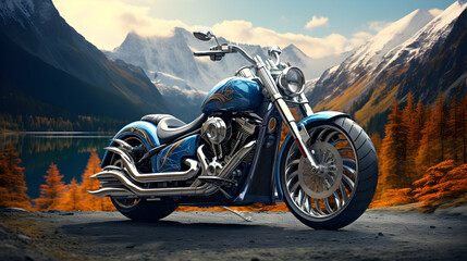 Custom blue motorcycle with a mountain range landscape background,generated with Ai