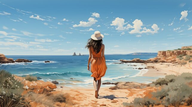 Illustration of woman on perfect beach doing. Generative AI.