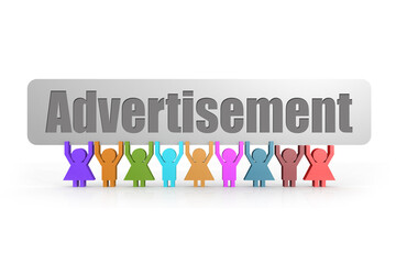 Advertisement word on a banner hold by group of puppets