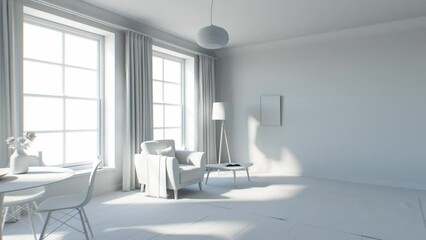 Abstract Living Room Furnishing Process Scene in Gray Material 3d Animation. Building Time-lapse. Filling Home Interior with Furniture. Architecture Design Illustration Concept 4k UHD. - Powered by Adobe