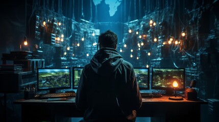 Image of hacker in the server room. Generative AI.