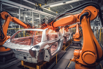 Assembly line in a car factory with robotic arms working. Automated assembly line for car production. Generative AI - obrazy, fototapety, plakaty
