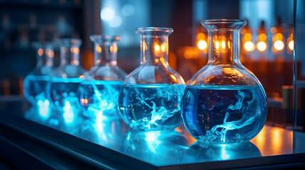 Distillation is used to separate blue liquids for use in science classes,Generated Ai - obrazy, fototapety, plakaty
