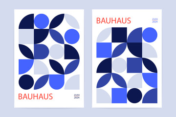 Geometric bauhaus pattern posters. Abstract circle square geometry shapes, modern minimal swiss background layout. Vector flat set