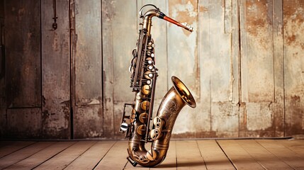 saxophone on very old vintage wood
 - obrazy, fototapety, plakaty