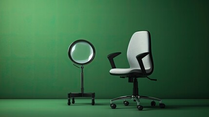 Searching for a new job opportunity. Office chair with magnifying glass. Recruitment concept. 3D Render
