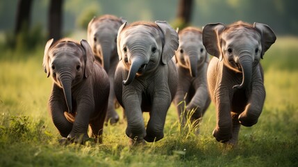 A herd of cute elephants running and playing on the green grass in the park. - Powered by Adobe