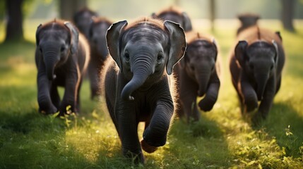 A herd of cute elephants running and playing on the green grass in the park.