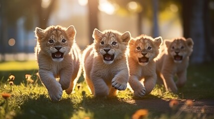 A group of cute lions running and playing on the green grass in the park.