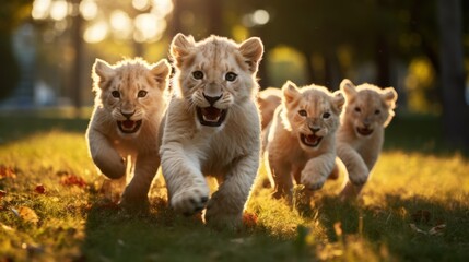 A group of cute lions running and playing on the green grass in the park. - obrazy, fototapety, plakaty