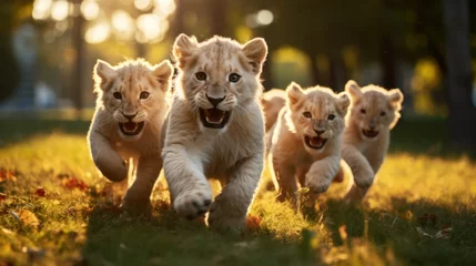 Foto op Plexiglas A group of cute lions running and playing on the green grass in the park. © sirisakboakaew