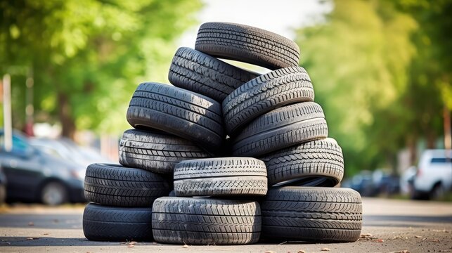 A stack of old weathered car tires wait outdoor for a second chance. Auto parts on a street for free. Junk removal and recycle concept.
