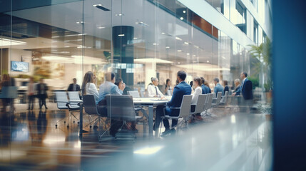 Long exposure shot of a crowd of business people walking through a bright office. Banner with fast...