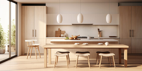 modern open plan kitchen in a modern home, design boasts a sleek, minimalist style with a large countertop, white cabinetry and bright windows
