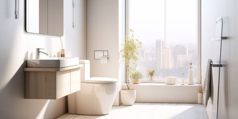 Modern bathroom interior with bathtub and sink, mirror, bath accessories, 3d rendering