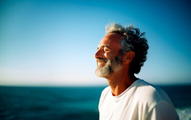 Middle-age man breathing fresh air in the beach. - obrazy, fototapety, plakaty