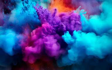 Blue and purple colored powder explosions over black background. Holi paint powder splash.