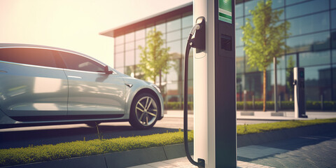 Fast chargers for charging electric vehicles in the modern city - obrazy, fototapety, plakaty