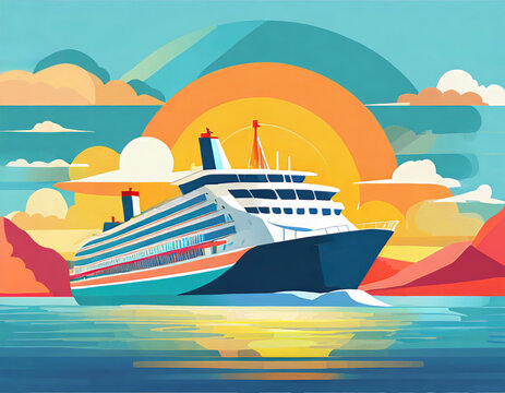 Holiday Travel Series - Colorful Abstract Art Image of Passenger Ship, created with Generative AI technology