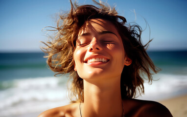 Young woman breathing fresh air in the beach. - obrazy, fototapety, plakaty