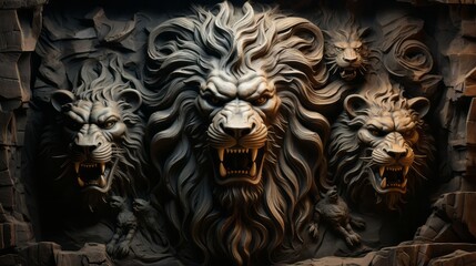 Lion faces carved on stone wall. Generative AI.