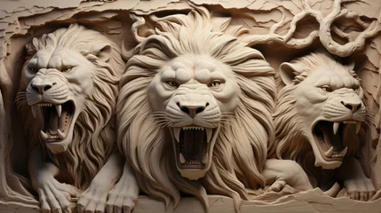 Foto op Plexiglas anti-reflex Lion faces carved on stone wall. Generative AI. © ProVector