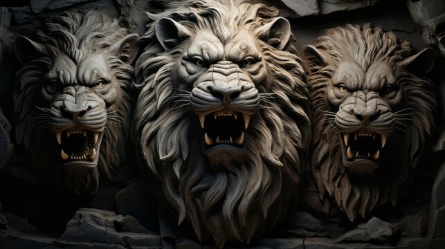 Lion faces carved on stone wall. Generative AI.