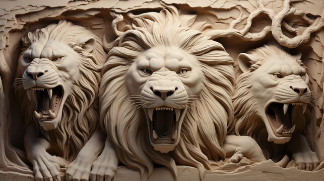 Lion faces carved on stone wall. Generative AI.