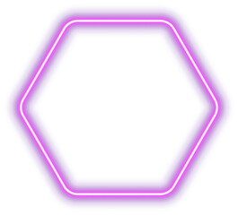 Pink, purple hexagon neon frame template, light sign, geometric glow outline border with space for text, png isolated on transparent background. - obrazy, fototapety, plakaty