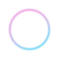 Blue and pink gradient neon circle frame template, round light sign, geometric glow outline border with space for text, png isolated on transparent background.