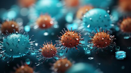 Macro close up shot of bacteria and virus cell. Generative AI.
