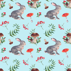 Pattern with rabbit, cranberries, cranberries, viburnum, fly agarics and porcini mushrooms. Watercolor illustration. Forest animals. Fluffy bunny.