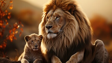 Majestic African lion couple loving pride. Generative AI.