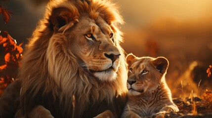 Majestic African lion couple loving pride. Generative AI. - obrazy, fototapety, plakaty
