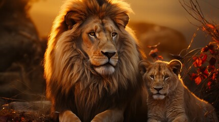 Naklejka na ściany i meble Majestic African lion couple loving pride. Generative AI.