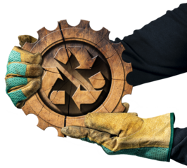 Two hands with protective work gloves showing a recycling symbol made of wood inside a cogwheel. Sustainable Resources concept. Isolated on white or transparent background. Png.