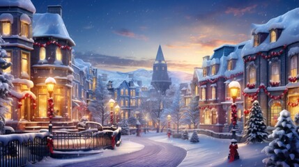 Obraz premium Snow-covered town with illuminated houses, decorated for holidays with towering church backdrop. Winter festive season.