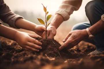 Fotobehang Father and son hands growing young plant on soil. © Golden House Images